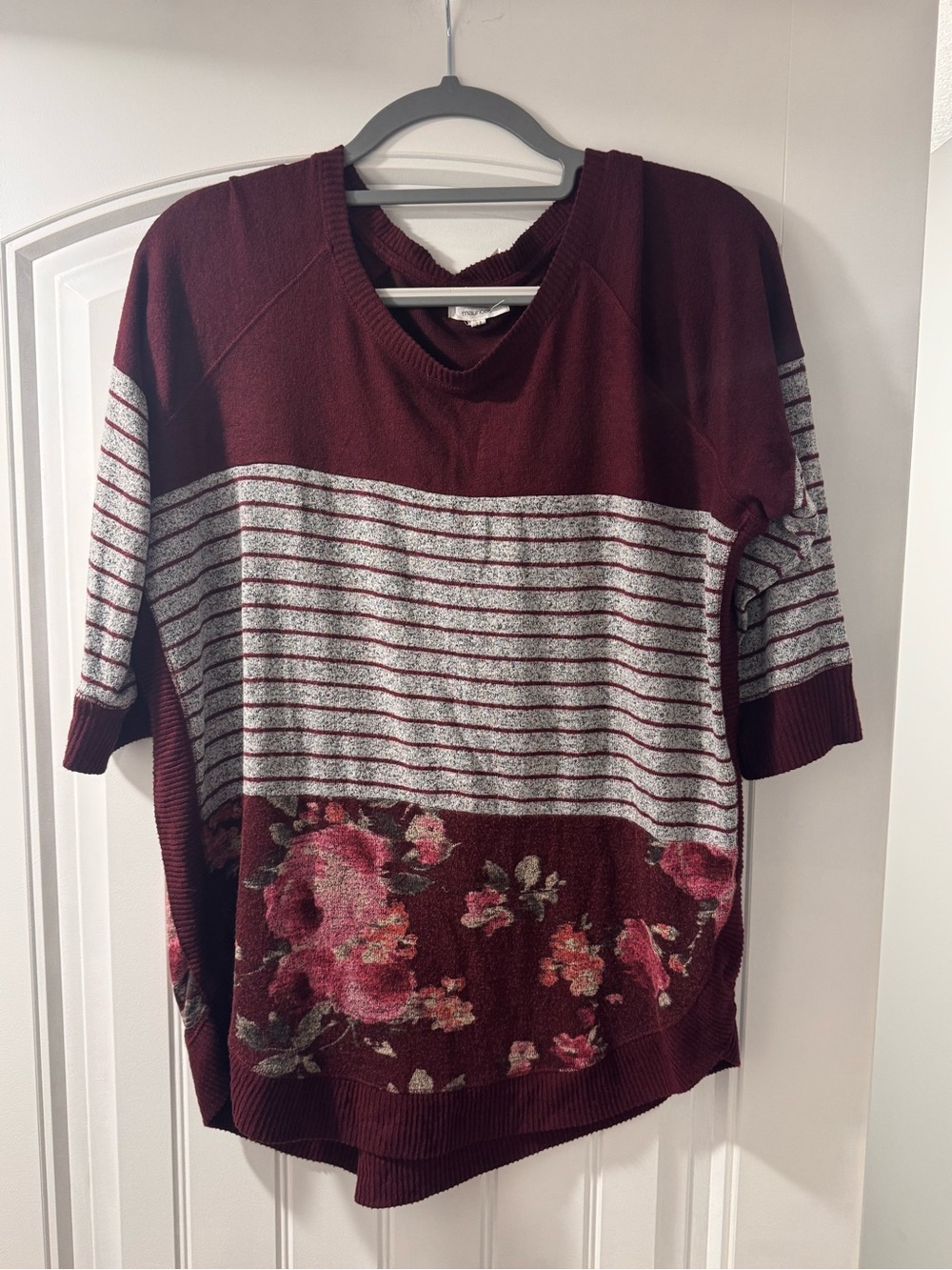 Maurices Burgundy and Gray Striped Floral Knit Top